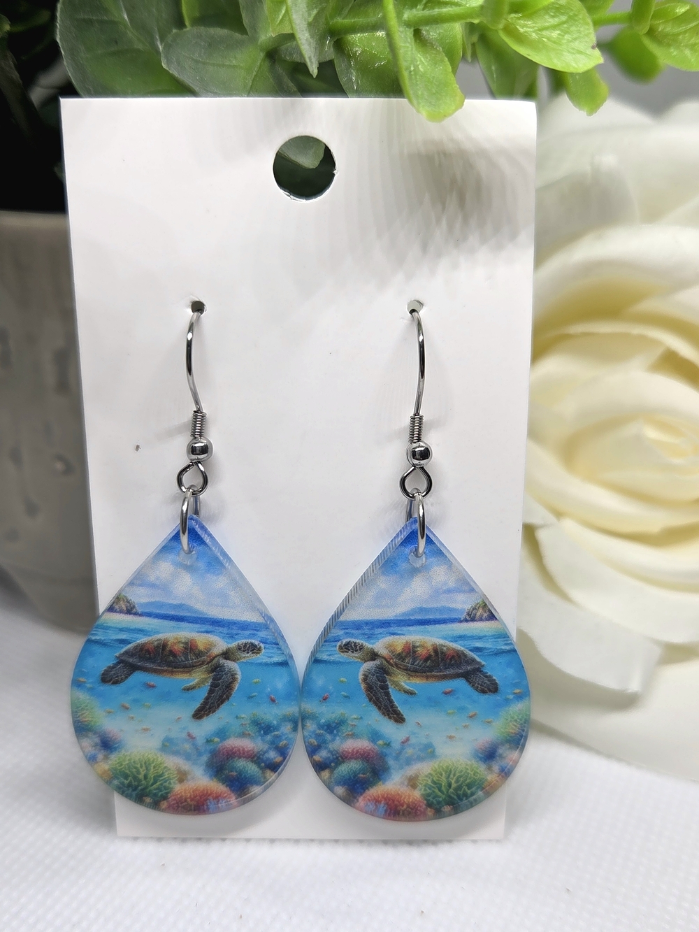 Sea Turtle Teardrop Dangle Earrings - Blue Ocean Design